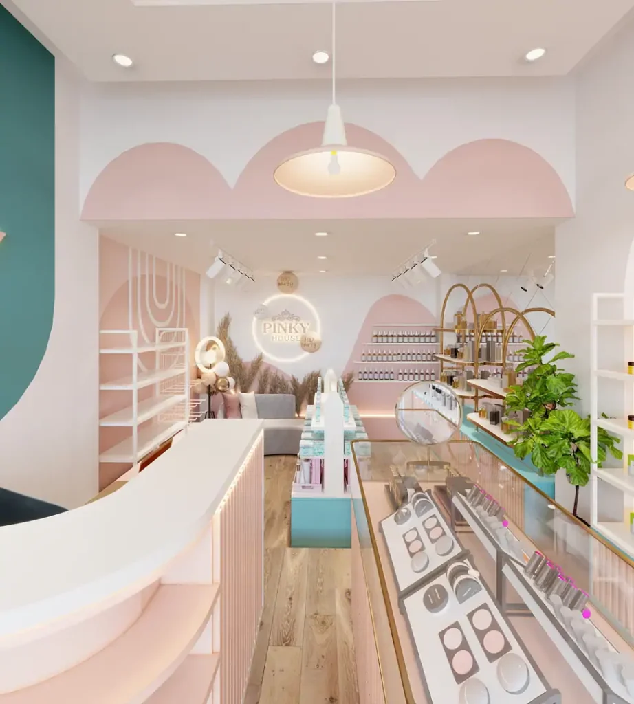 8 bước để thiết kế shop mỹ phẩm đẹp hút khách hàng 4 Thiết Kế Shop Mỹ Phẩm Pinky House - Tone màu Pastel