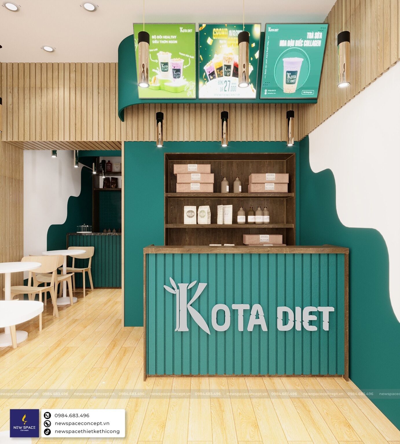Thiết Kế Nội Thất Quán Trà Sữa Kota Diet - 20m2, Tone Xanh Coban