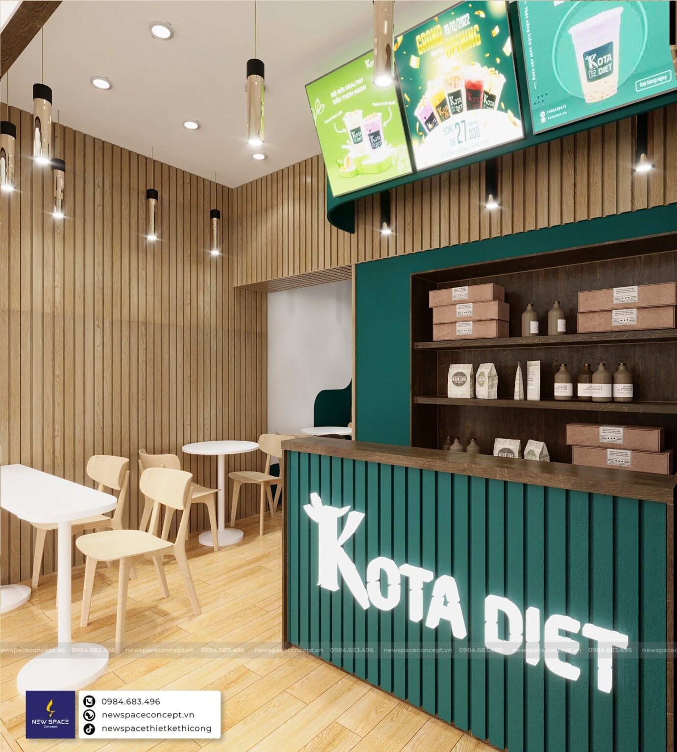 Thiết Kế Nội Thất Quán Trà Sữa Kota Diet - 20m2, Tone Xanh Coban