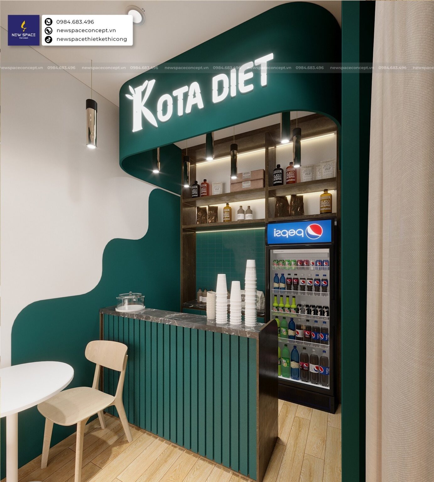 Thiết Kế Nội Thất Quán Trà Sữa Kota Diet - 20m2, Tone Xanh Coban
