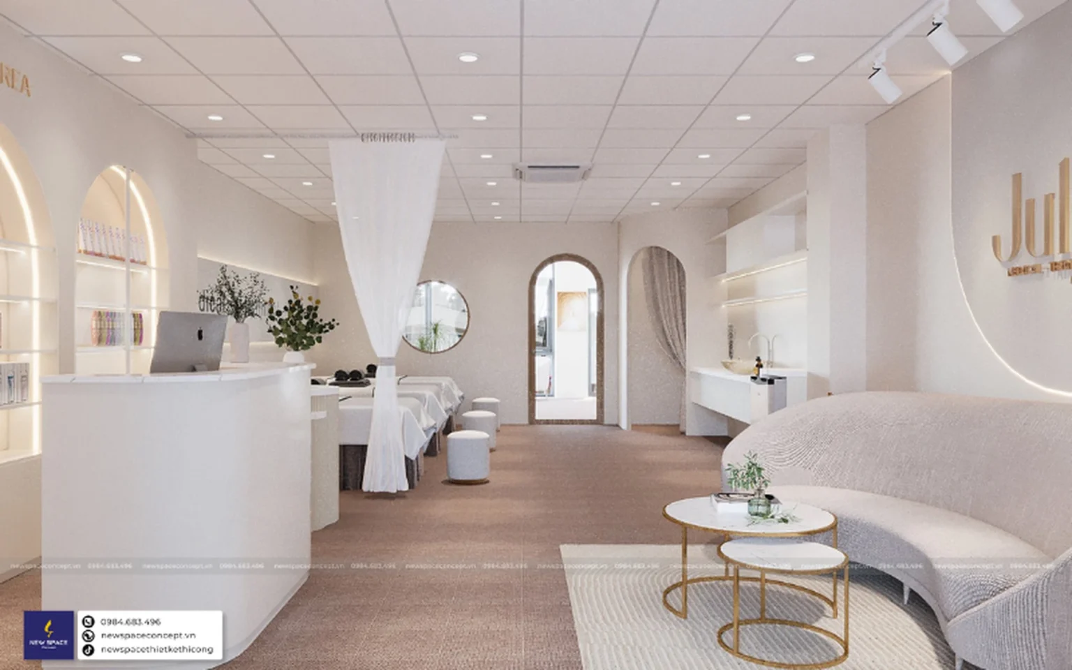 Spa July Bi được New Space Concept lựa chọn phong cách thiết kế tối giản để tập trung vào trải nghiệm khách hàng và tạo không gian thoải mái và thư giãn.