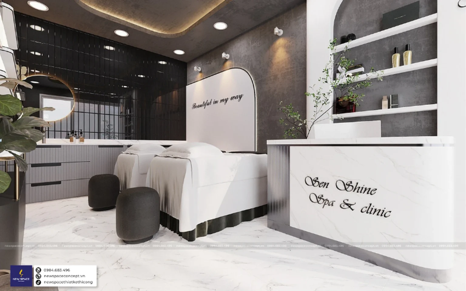 Với diện tích 45m2, Spa & Nails Sen Shine được New Space Concept lựa chọn thiết kế theo phong cách tối giản, tập trung vào dịch vụ của spa mang lại sự thoải mái và thư giãn cho khách hàng.