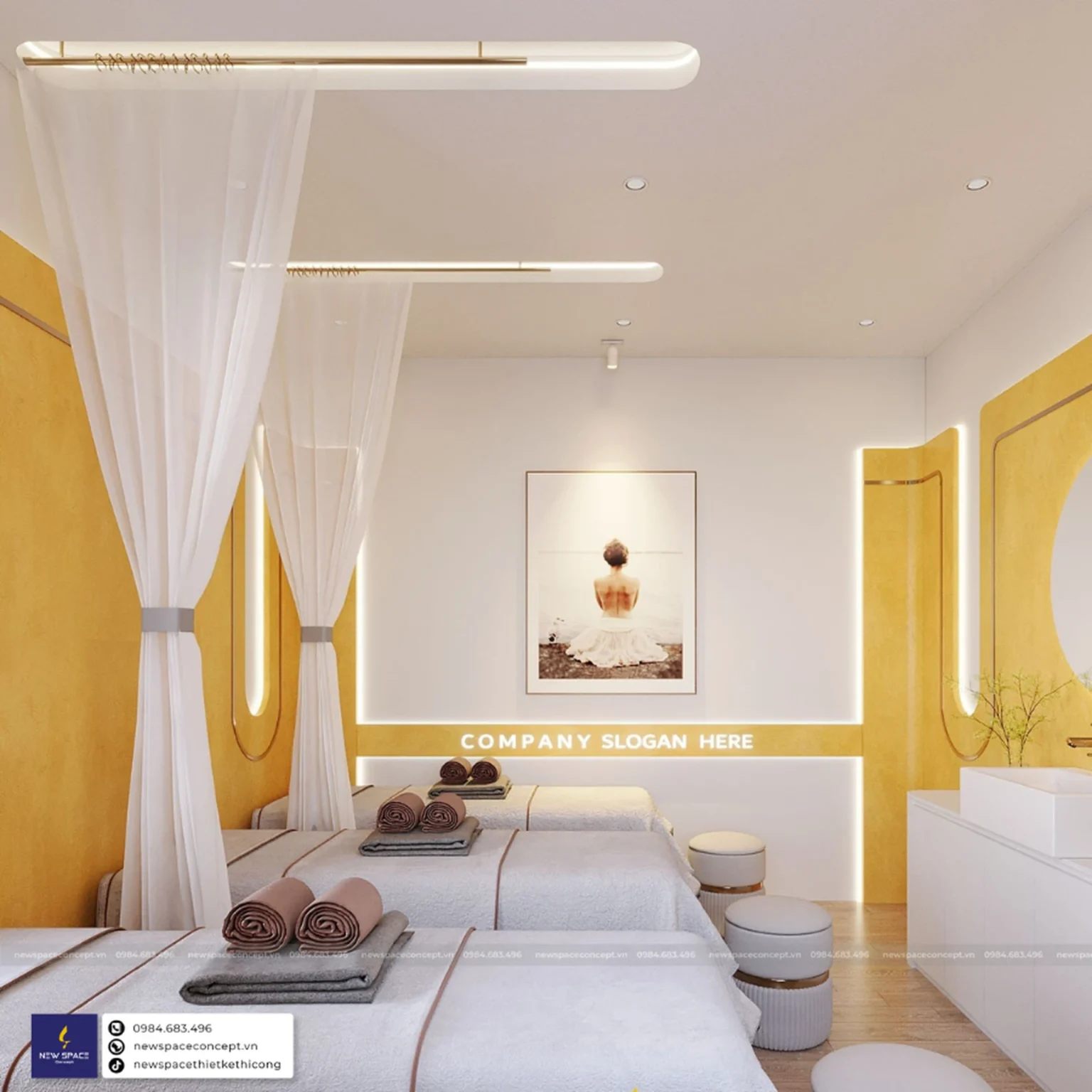 Thiết kế nội thất Spa Ngọc Hân - Tone trắng và vàng cam