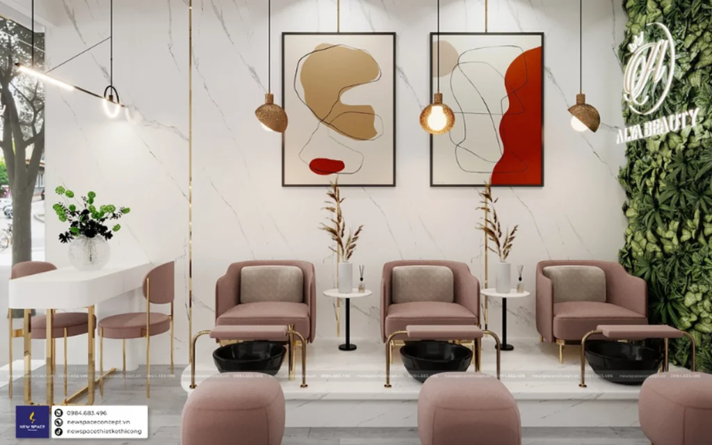 Thiết kế nội thất của tiệm Nail Alya Beauty được New Space Concept lấy cảm hứng từ phong cách hiện đại, tạo nên không gian rộng rãi, sạch sẽ và tươi mới...