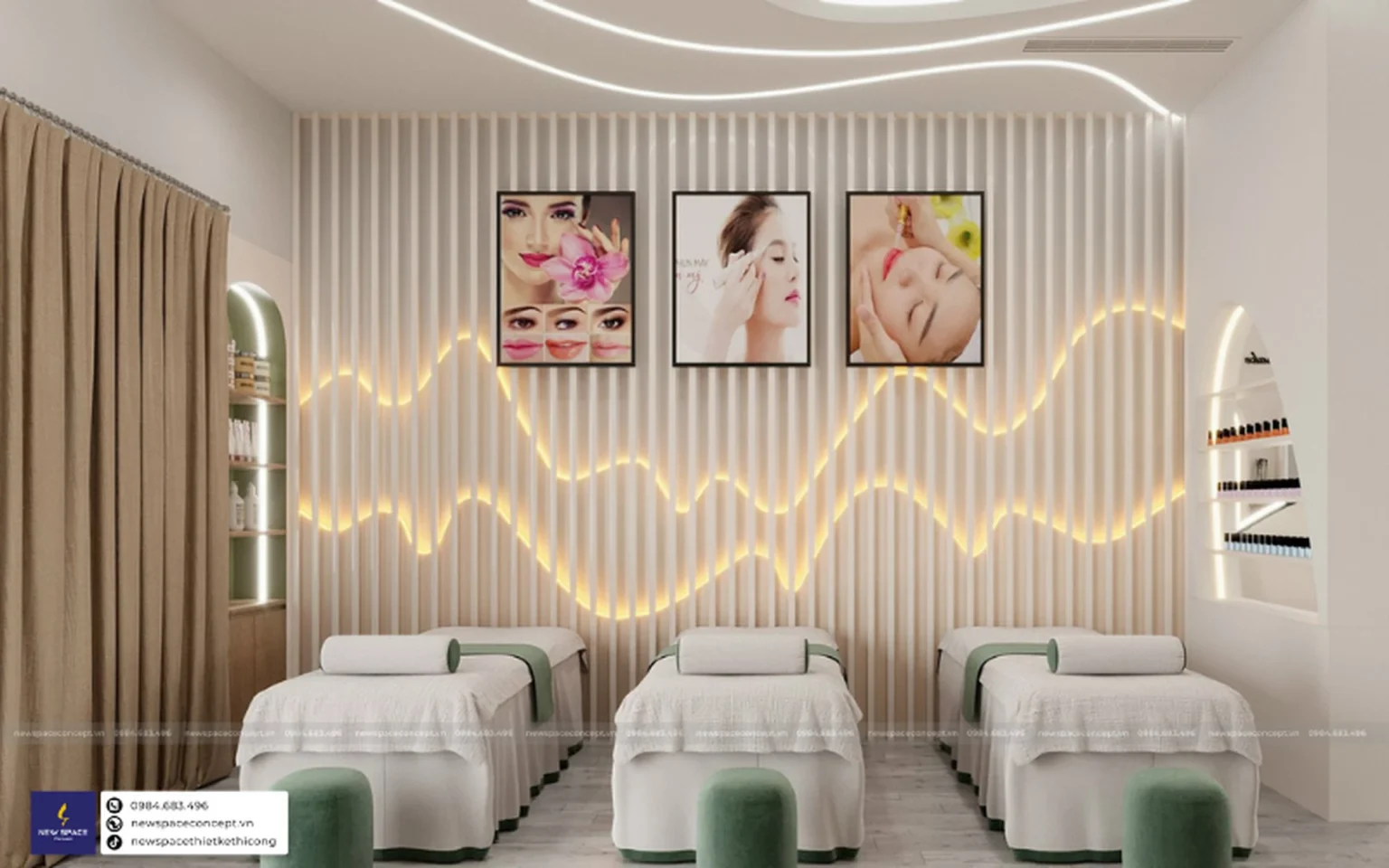 Thiết Kế Nội Thất Tiệm Nails Ánh Liên - Uốn Lượn Xanh Trắng