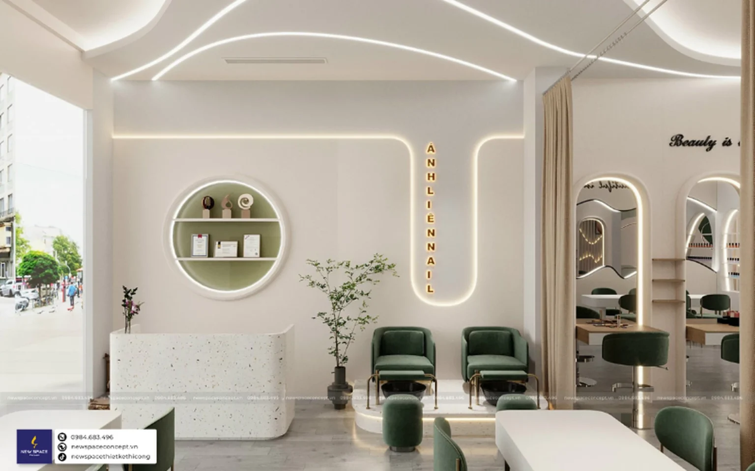 Thiết Kế Nội Thất Tiệm Nails Ánh Liên - Uốn Lượn Xanh Trắng