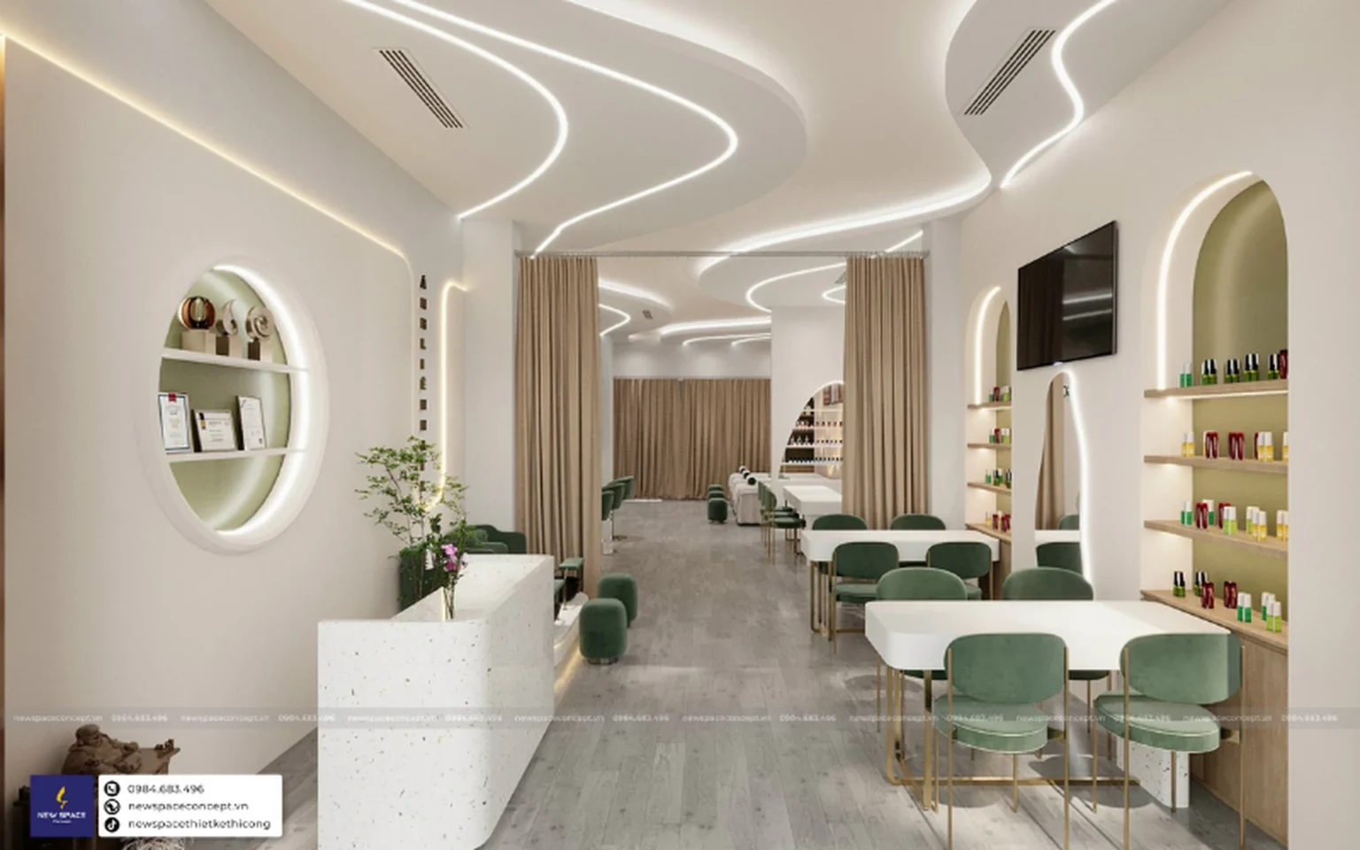 Thiết Kế Nội Thất Tiệm Nails Ánh Liên - Uốn Lượn Xanh Trắng