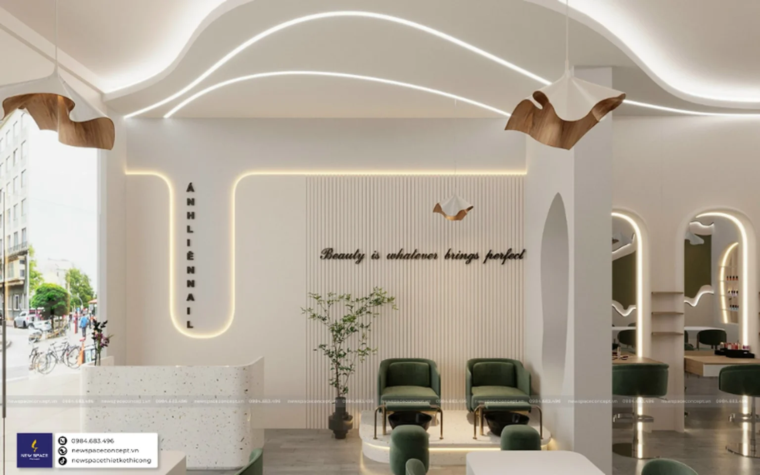 Một trong những điểm nổi bật trong thiết kế tiệm nails Ánh Liên của chúng tôi chính là tường trần được chúng tôi thiết kế uốn lượn tinh tế.