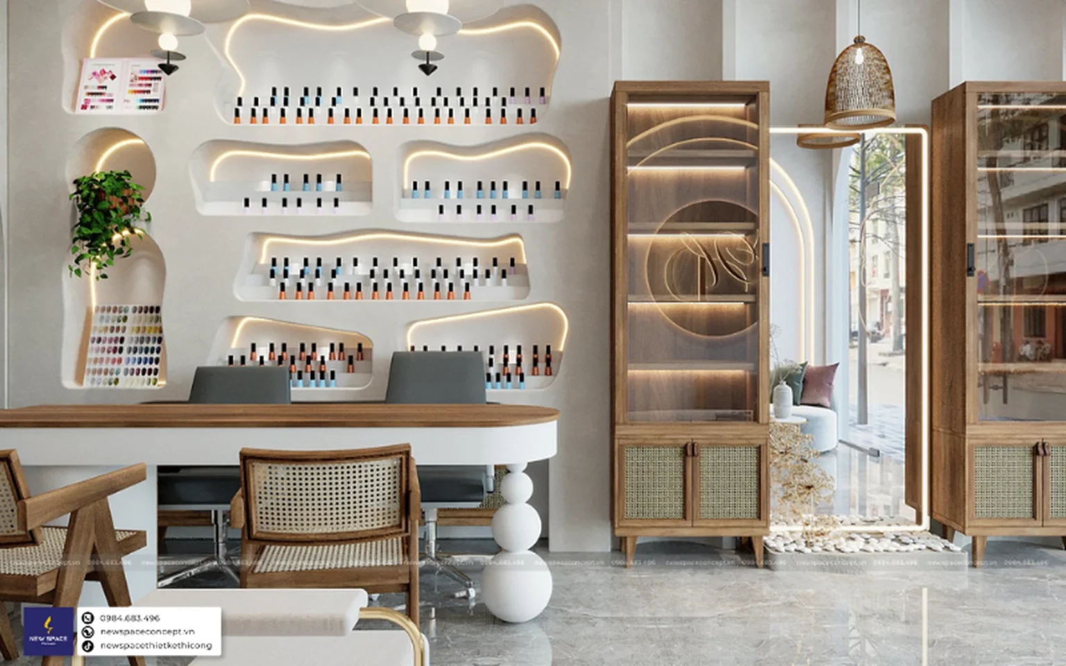New Space Concept lựa chọn nội thất gỗ tối giản cho tiệm, sử dụng bàn ghế là sofa gỗ, tủ đứng đựng đồ cách điệu bằng gỗ giúp không gian của bạn trở nên khoa học và tinh tế hơn.