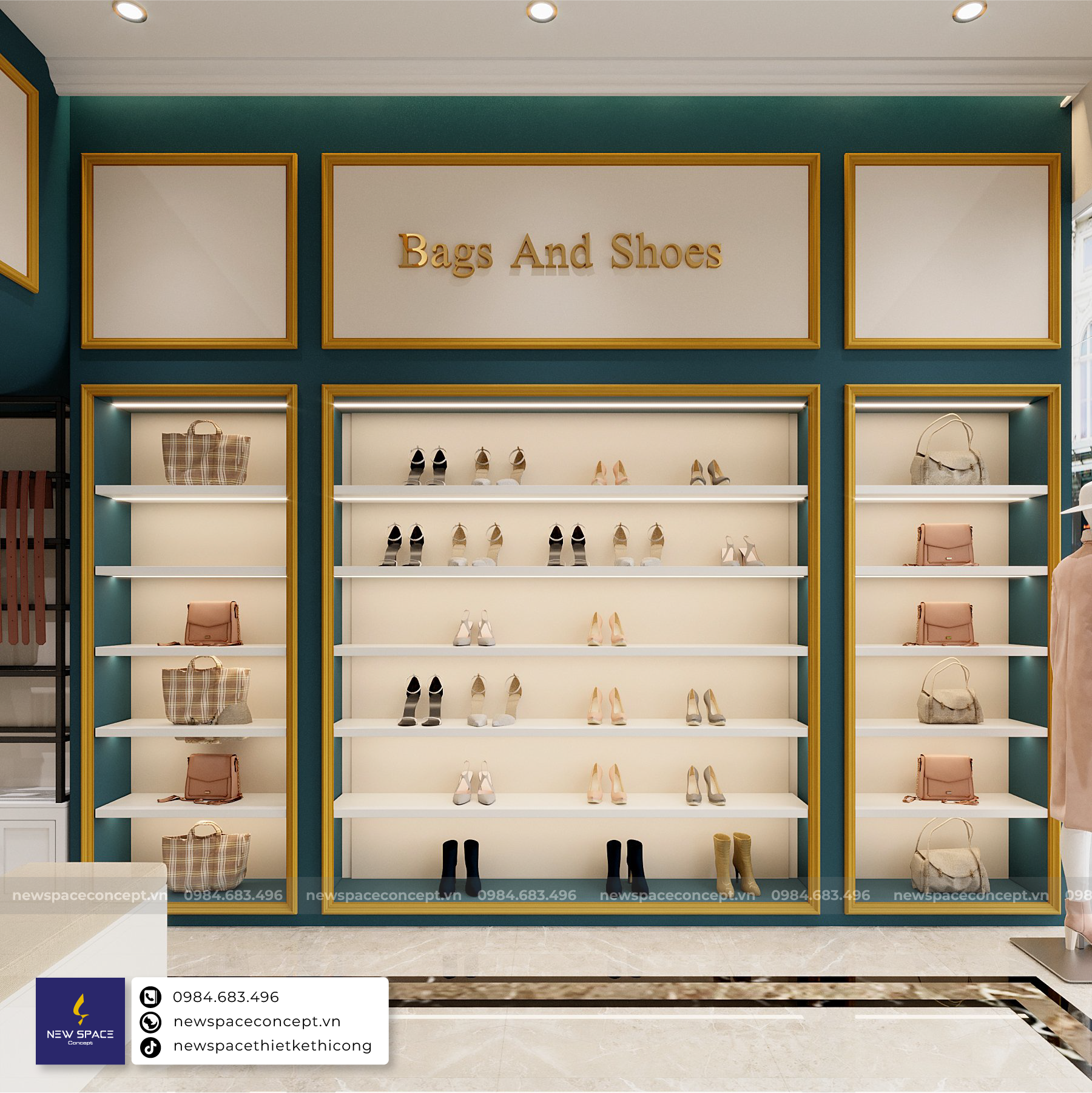 Mẫu thiết kế thi công shop tại Bắc Ninh được ưa chuộng năm 2023 4 Mẫu shop giày dép và phụ kiện thời trang
