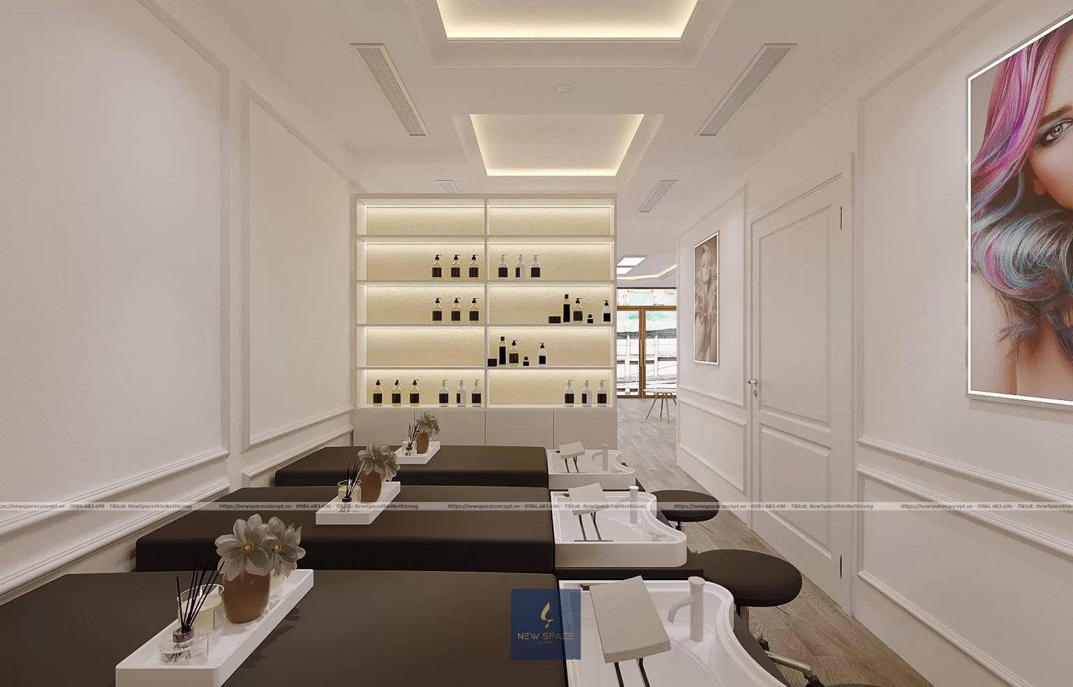 Những lưu ý quan trọng trong thiết kế thi công salon tóc Hà Nội 6 Kệ tủ cố định và vật dụng di động